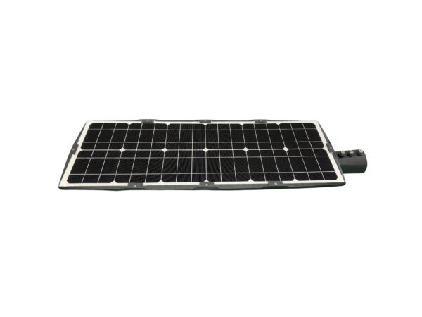 Slimme solar buitenlamp met 50W zonnepaneel en krachtige LED-verlichting voor parkeerterreinen en openbare ruimtes.